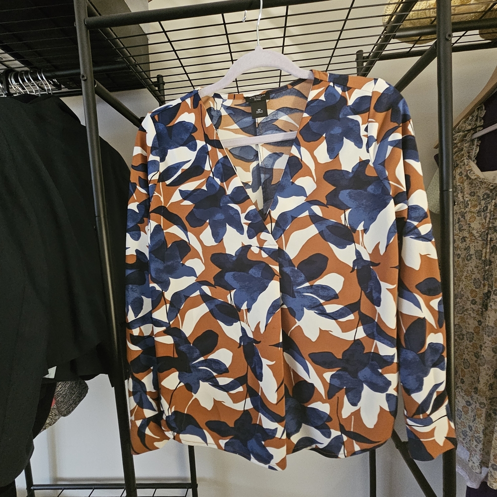 Ann Taylor Floral Print Wrap Blouse in Navy, Rust, and White